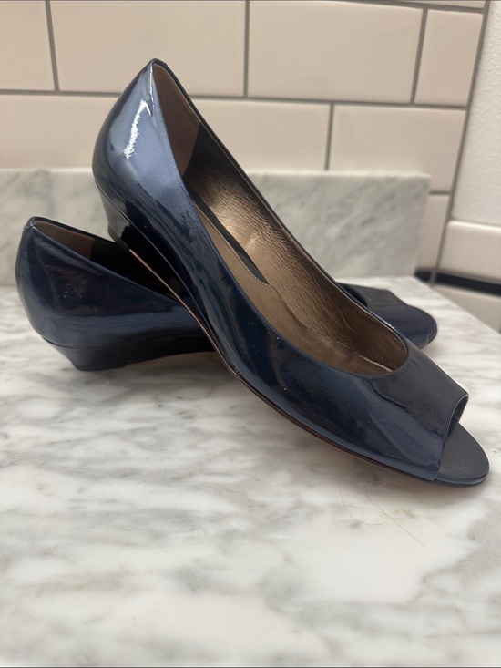 Cole Haan Shoes - Cole Haan Nike Navy Patent Leather Peep-Toe Wedge Pumps